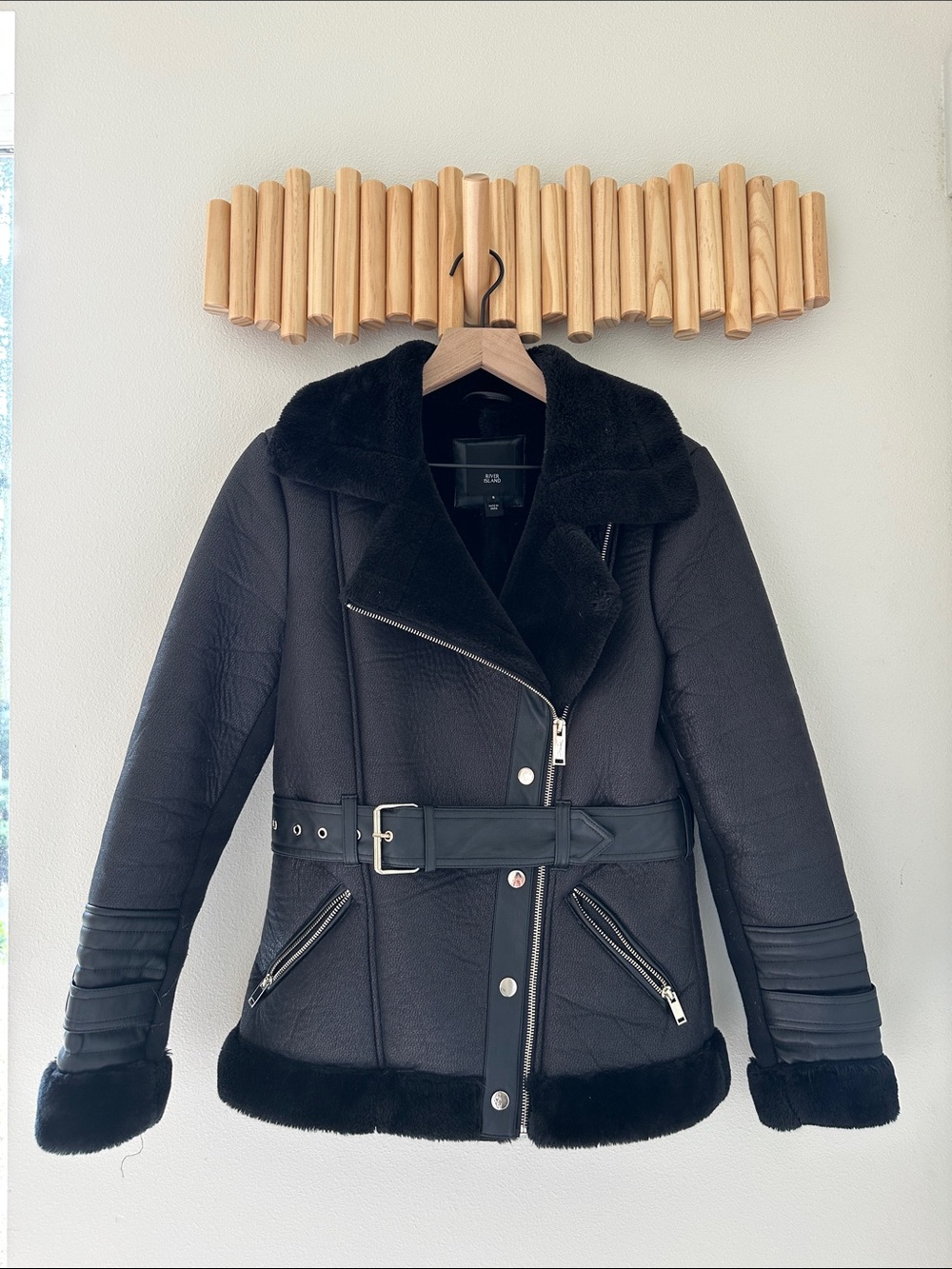Women’s Black Faux Shearling Belted Moto Jacket